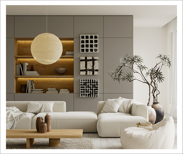 Modern neutral living room with built-in shelves