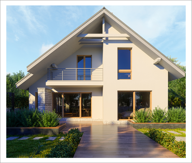 Modern A-frame house with balcony and walkway