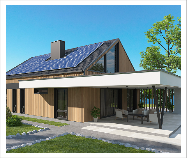 Modern wooden house with rooftop solar panels