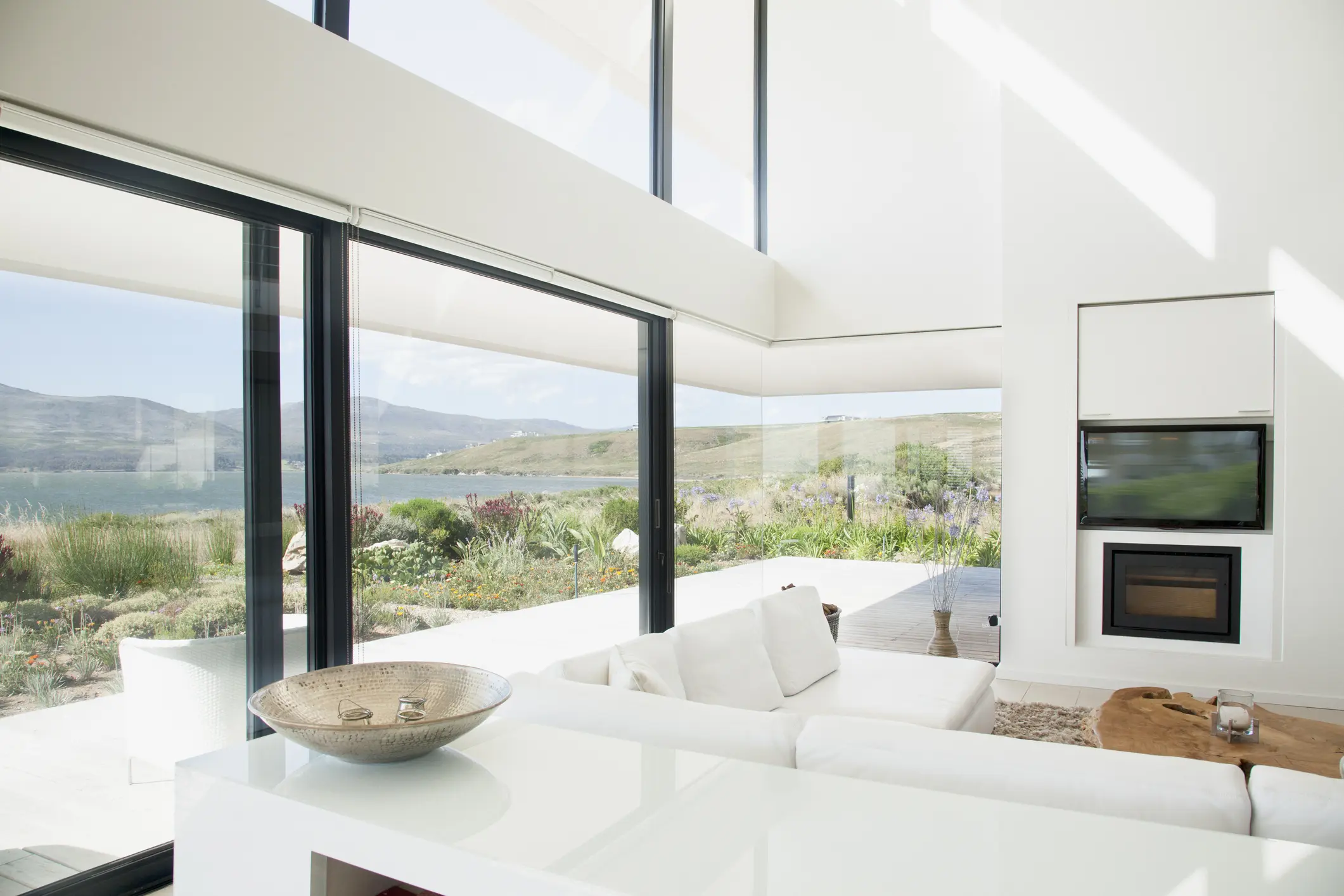 Bright modern living room with ocean view