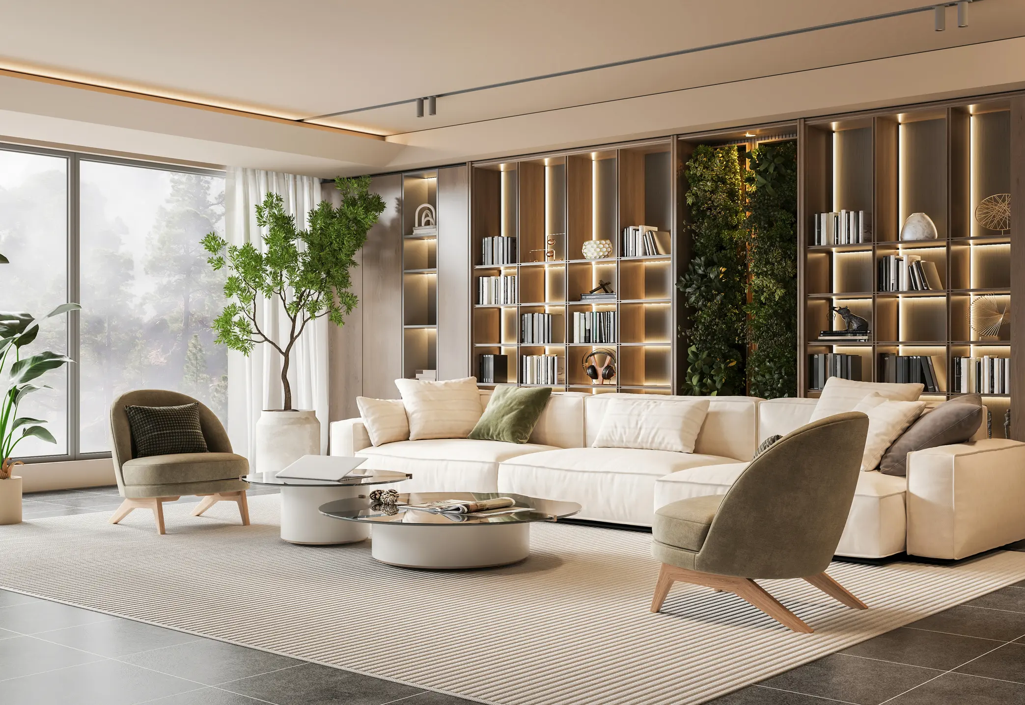 Elegant modern living room with illuminated bookshelves