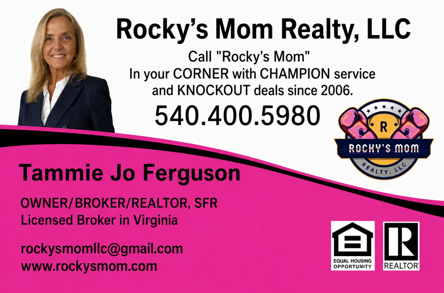 Real estate business card with contact information.